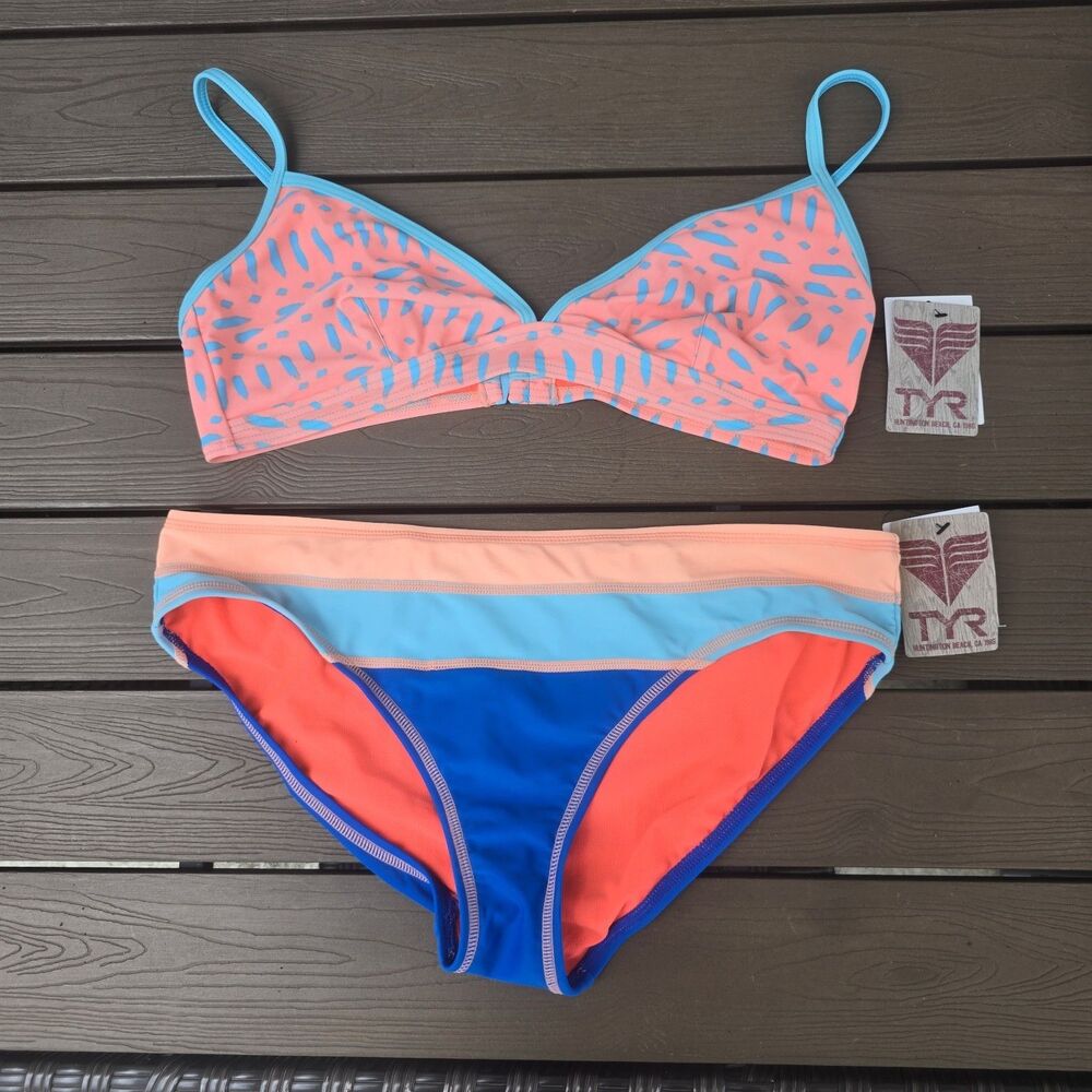 TYR Women's Blue/coral Milos Enna Top   & Suki Bikini Bottom Size XL  New